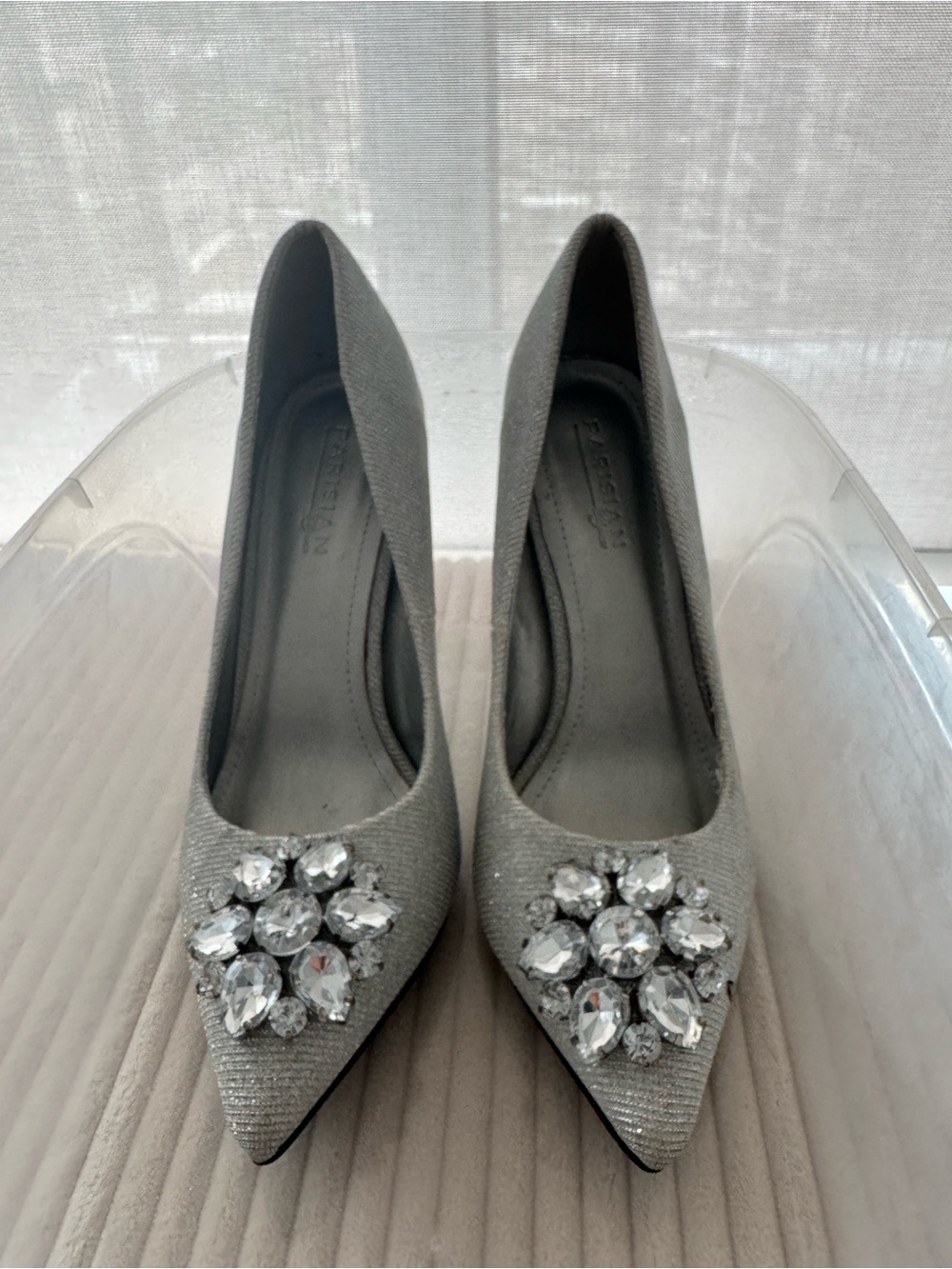 Parisian Works Silver Pointed Toe Pumps with Crystal Cluster Accent